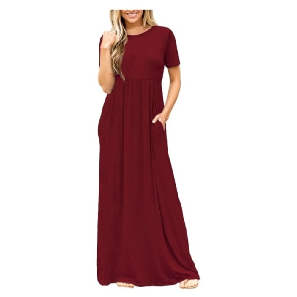 Women’s Short Sleeve Long Maxi Summer Sun Dress Burgundy Wine Medium